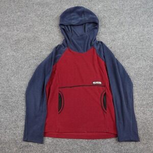 Melanzana Micro Grid Hoodie Kids Large Red Navy Pullover Fleece Layer Leadville